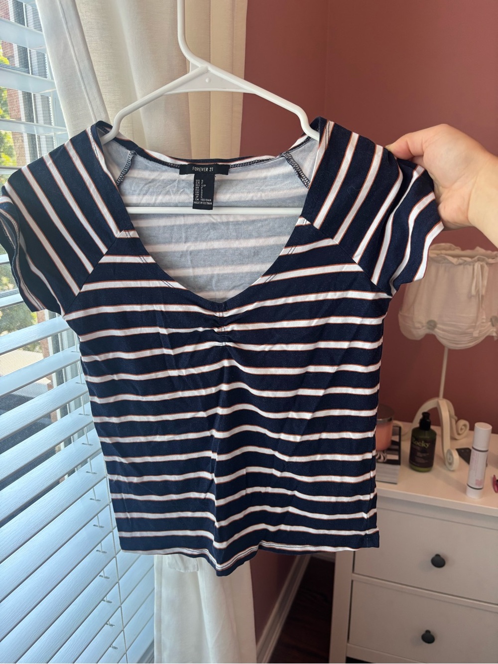 Forever 21 Navy and White Striped V-Neck tee